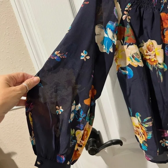 Anthropologie Maeve Blue Tallie Open  Shoulder Silk Blouse xs - Picture 4 of 9